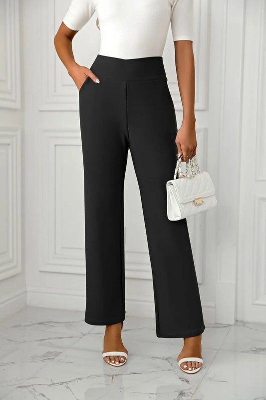 Women's cross casual high waisted straight leg sports stretch long pants - Ramm Clothing Ink